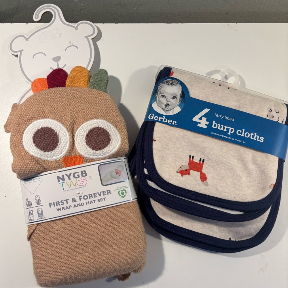 NEW Fall Baby Gift Bundle - Turkey Wrap Hat Set and Burp Cloths